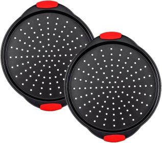 13 Inch Pizza Pan for Oven (2 Pack) Round Pizza Pan with Holes - Non-Stick Carbon Steel Pizza Tray with Silicone Handles - for Cooking, Baking