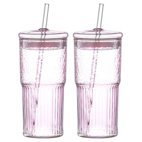 20 Oz 2-pack Pink Glass Straw Cup With Vertical Pattern Cup And Lid, High Borosilicate Heat-resistant Glass Cup For Juice, Milk And Cold Drinks (Option: Pink 2 pcs)
